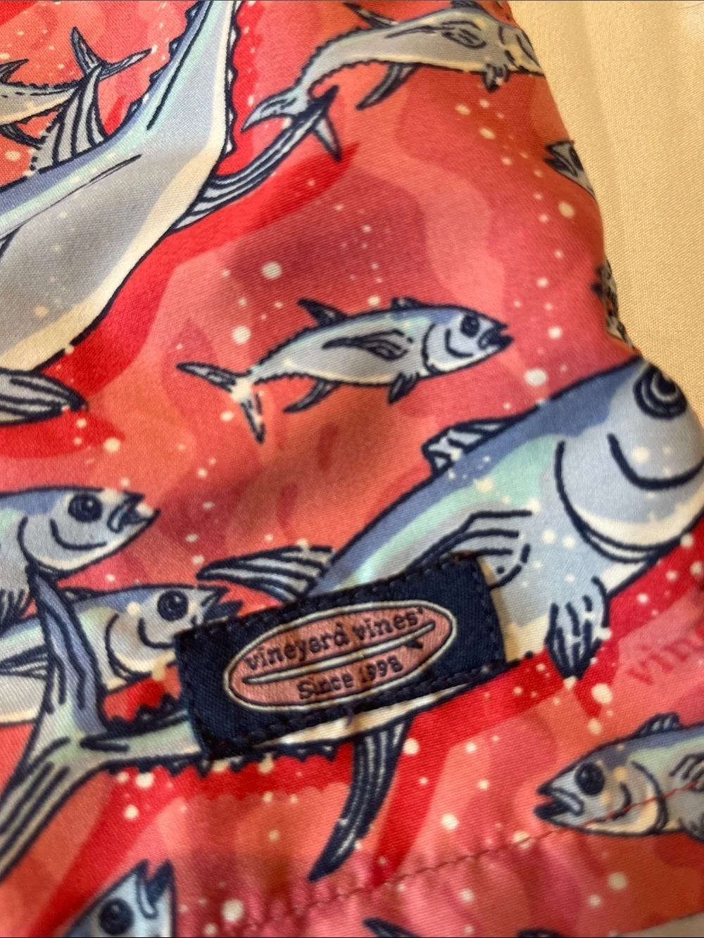 Vineyard Vines Kids Swim Trunks - Coral with Light Blue Fish Print